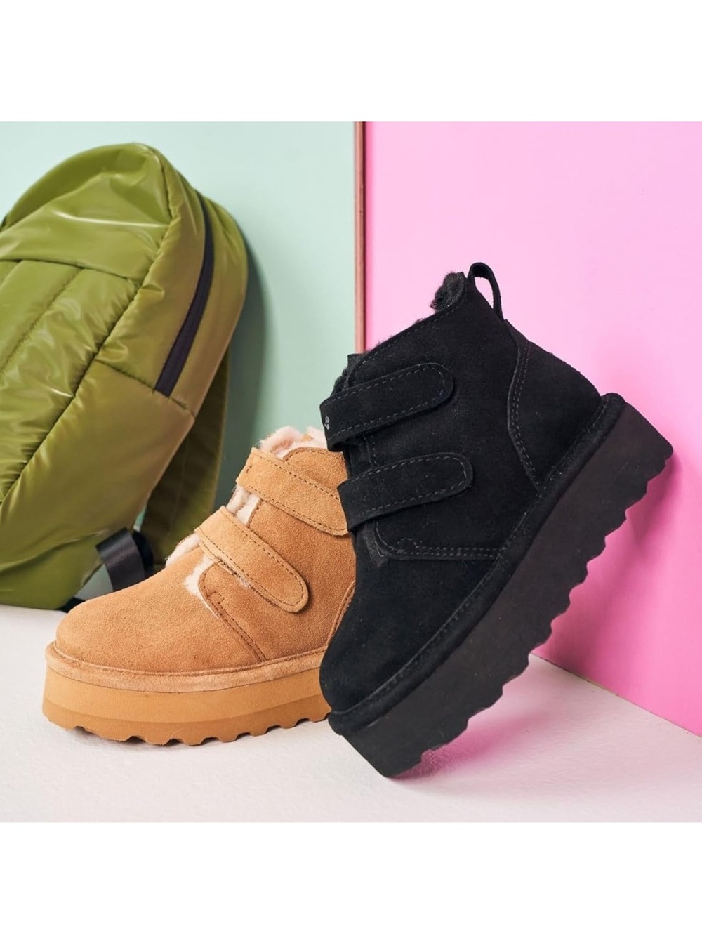 BearPaw Black Suede Shearling Strap Ankle Boots